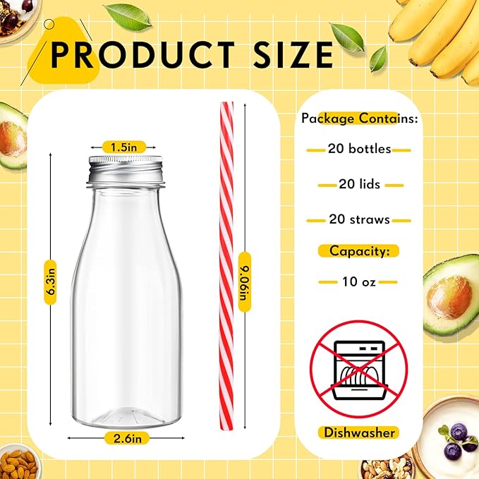 Yinkin 20 Set 10 oz Plastic Milk Bottles with Straws Metal Lids Clear Plastic Containers for Dairy Milk Party Bottle for Juices Shakes Smoothies(Red, White)