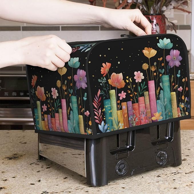Toaster Cover 4 Slice Books Flower Botanical Kitchen Small Appliance Covers with Pockets Dust and Fingerprint Protection