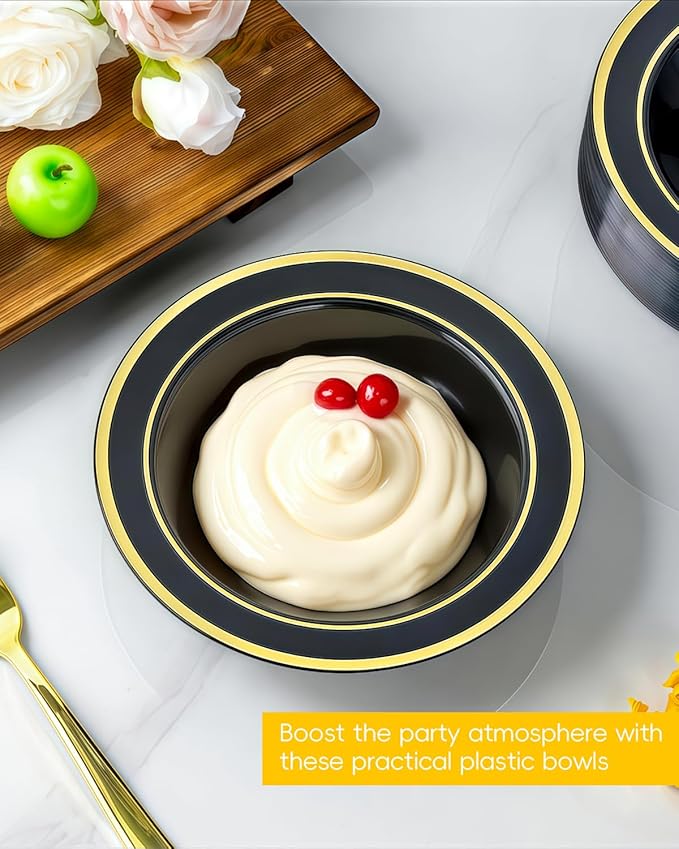 100 Pack Black Disposable Bowls with Gold Rim, 12oz Black Plastic Soup Bowls for Party, Wedding, Holiday,And Halloween