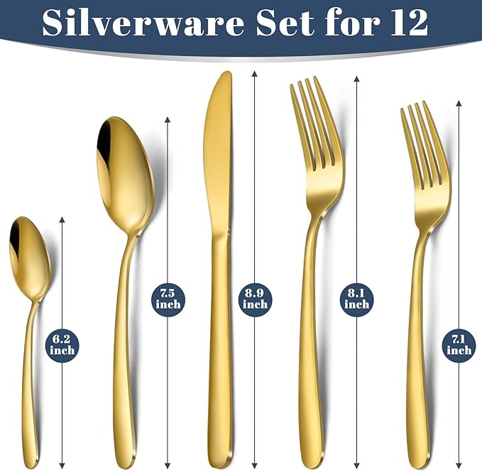 Hunnycook 60-Piece Gold Silverware Set - Stainless Steel Silverware Set for 12, Includes Forks Spoons and Knives, Utensil Sets for Home Kitchen Restaurant, Dishwasher Safe