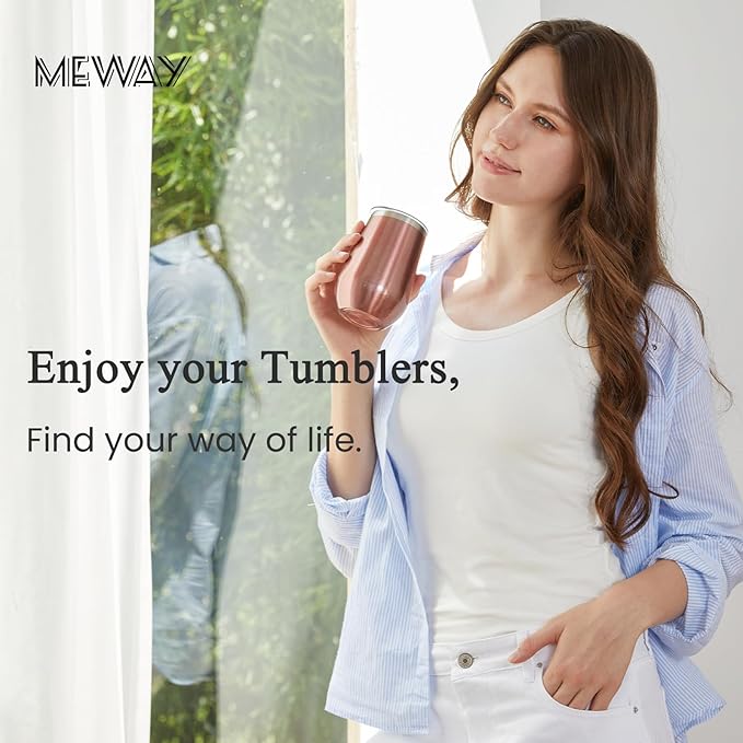 MEWAY Stainless Steel Wine Tumbler with Lid and Straw 12oz - Stemless Insulated Wine Cup Glasses for Coffee,Cocktails,Drinks, and Office Use, Ideal for Parties and Gifts(Rose Gold, Set of 12)