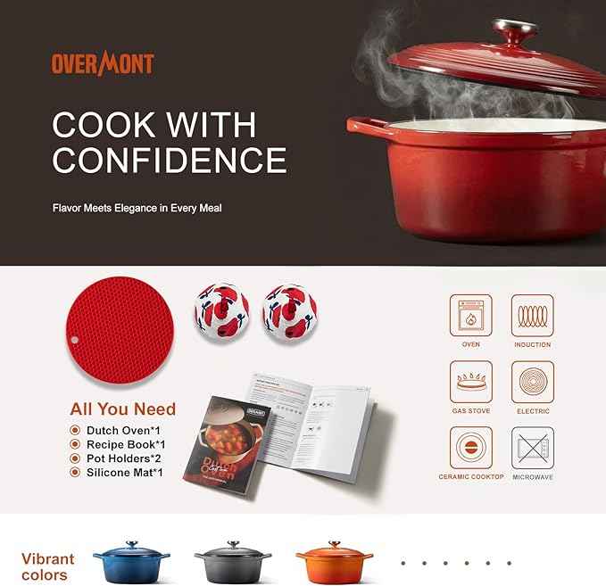 Overmont Refined Enameled Cast Iron Dutch Oven - 5.5QT Pot with Wide Handles Lid Cookbook & Cotton Potholders - Heavy-Duty Pre-Seasoned Cookware Oven Safe to 500°F for Braising, Stews, Roasting, Bread Baking