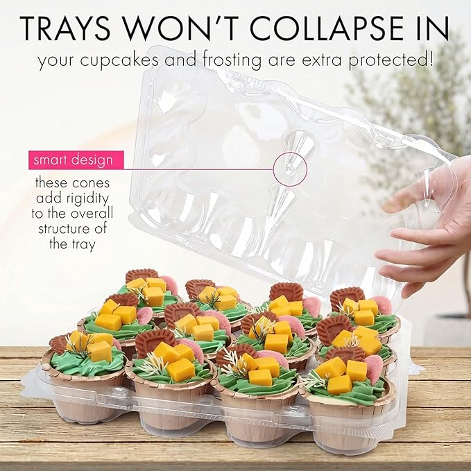 LotFancy (12 Count x 12 Sets) Cupcake Containers with 144 Liners, Thick Plastic Cupcake Boxes Holders, BPA Free, Disposable Cupcake Carrier with Detachable Tall Dome Lid