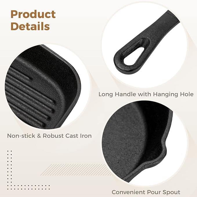4 Pieces Cast Iron Skillet Set, Frying Pan and Grill Pan Set with Silicone Handle Covers, Non-Coated Cookware Kit for Stove Oven, Grill, Heavy Duty Kitchen Pans