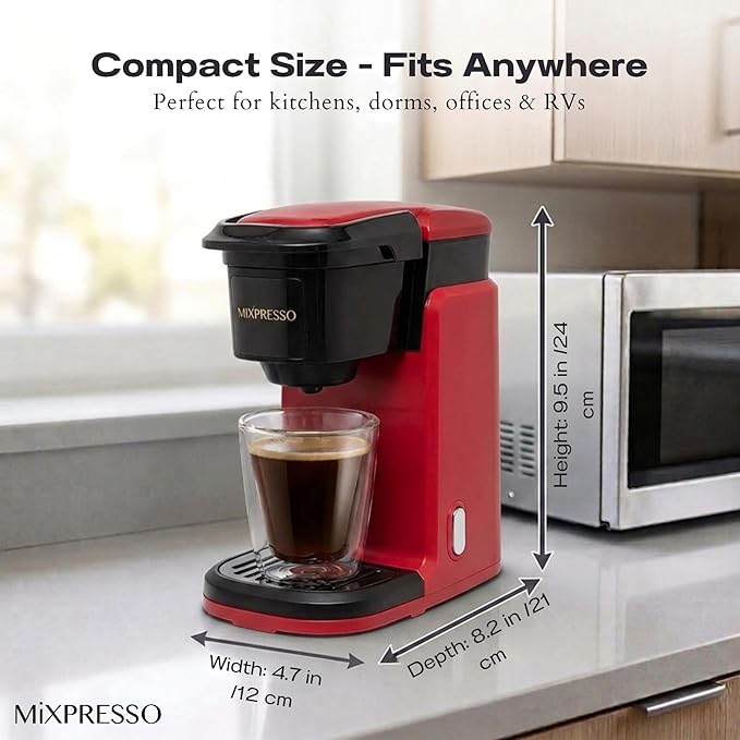 Mixpresso Red Single Serve Coffee Maker for K Capsule, Compact Mini Coffee Maker 800 Watt Coffee Machine for Pods or Ground, Fast Brew, Auto Shut Off, 12 Oz Brew Size for Travel, Office, RV and Dorm