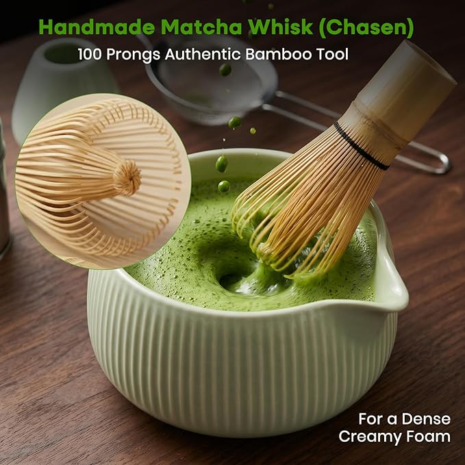 Matcha Whisk Set, 15PCS Ceramic Matcha Bowl Kit, Includes Bamboo Whisk & Holder, Glass Measuring Cup, Caddy, Sifter, Scoop, Tea Towel, Tea Mat, Making Sets for Lovers, Green