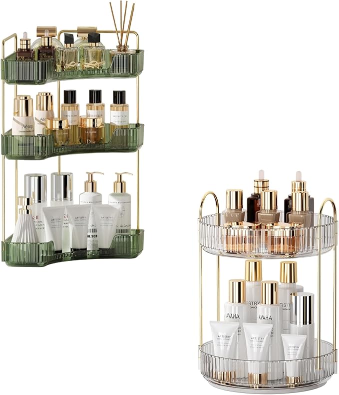 YCIA&DONE Rotating Makeup Organizer and Corner Bathroom Organizer Countertop Green
