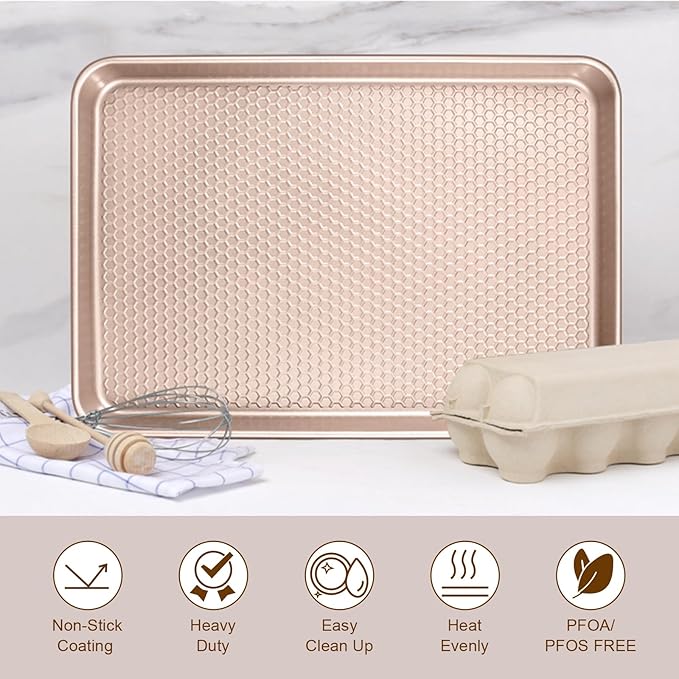 Wildone Baking Sheet Pan Set, Honeycomb Embossed Nonstick Baking Sheet 15x10 In, Thicker Carbon Steel Cookie Sheet, Even Heating Jelly Roll Pan, Rose Gold, 2 Pack