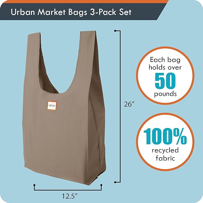 Urban Market Bags - Meadow - 3 Foldable Reusable Shopping Bags in 1 Compact Pouch, Luxury Quality, Recycled Fabric, Holds 50+ lbs, Machine Washable, Pouch Fits in Cupholder, Designed in California