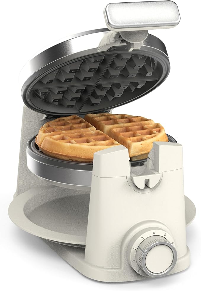 Martha Stewart Rotating Waffle Maker, 180° Flip Iron with PFAS-Free Nonstick Plates, Adjustable Timer, Ready Light, Drip Tray, Space Saving, Classic Round 7”, Easy to Clean, Stainless Steel, Linen