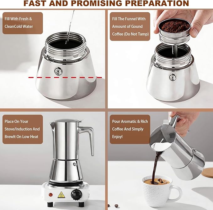 4 Cups Food-Grade Thickened Stainless Steel Moka Pot - Non-Coated Italian Greca Espresso Maker 200ml (6.8oz), Manual Stovetop Coffee Maker with Safety Valve, Suitable for all Types of Hobs