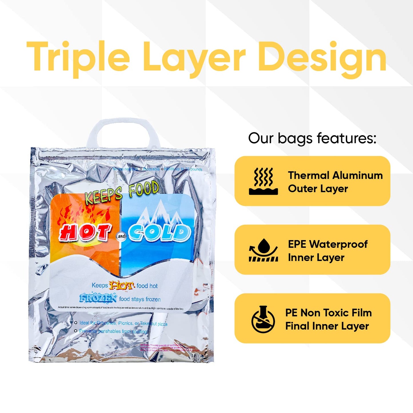Superio Hot and Cold Insulated Bags for Food Delivery, Grocery Shopping Bags, Food Storage for Hot and Frozen Food for Travel, Disposable Cooler Bag, Reinforced Thermal Lunch Bag (6, 13.5"x17.5")