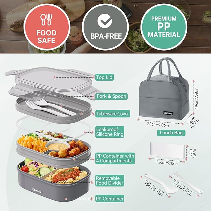 2 Layers Bento Box, All-in-One Stackable Lunch Container with Compartments, 64oz Leakproof Microwave Safe Dishwasher Safe Bento Box with Lunch Bag and Utensil Set for Kids and Adults