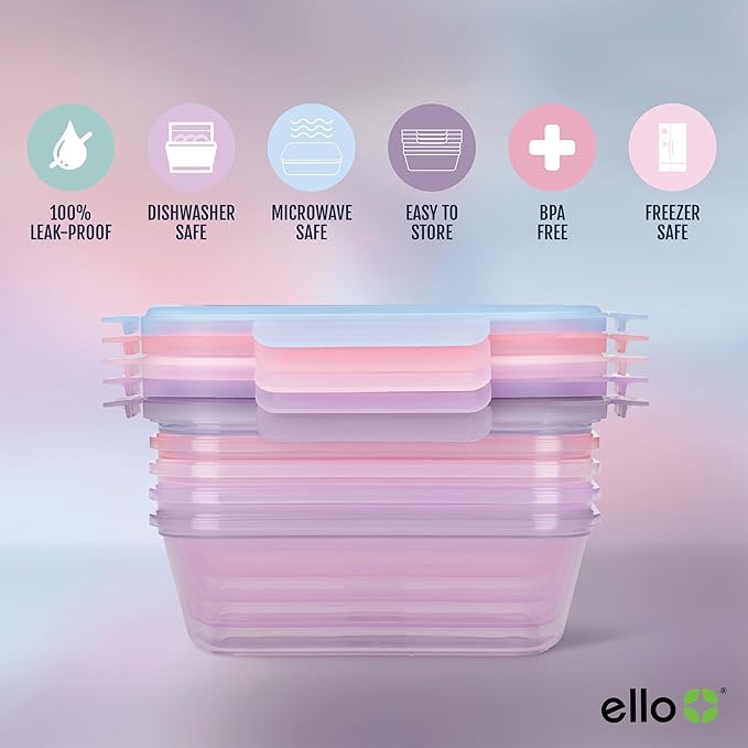 Ello Snap & Nest 10-Piece 4.5 Cup Plastic Meal Prep Set, Reusable Food Containers for Healthy Eating, Freezer, Dishwasher Safe, Berry Fields
