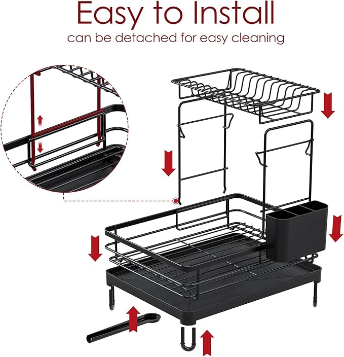 Sakugi Dish Drying Rack - X-Large Stainless Steel Dish Rack for Kitchen Counter, 2-Tier Kitchen Organizers and Storage for Dishes, Bowls, Cutlery, Black