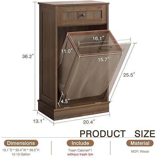 KIGOTY Tilt Out Trash Can Cabinet Trash Bin Cabinet with Hideaway Drawer Hidden Wooden Kitchen Garbage Can, Pet Proof Trash Can Holder for Kitchen (Brown)