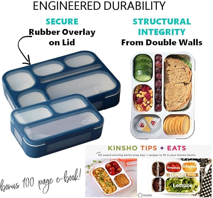 kinsho Bento Lunch-Box Set for Kids Includes Snack Container | 6 and 3 Compartment Boxes Leakproof School Bentos, Meal Portion Control Containers, Boys Girls Adults, Navy Blue Large + MINI 2 Pack Set