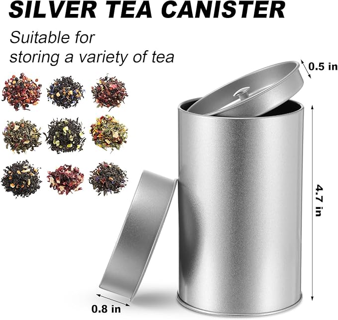 Zopeal 6 Pack Tea Tin Canister with Airtight Double Lids 12 oz Can Box Canister for Loose Leaf Tea Storage Bag Container Portable Small Kitchen for Coffee Sugar Pantry Camping, Silver