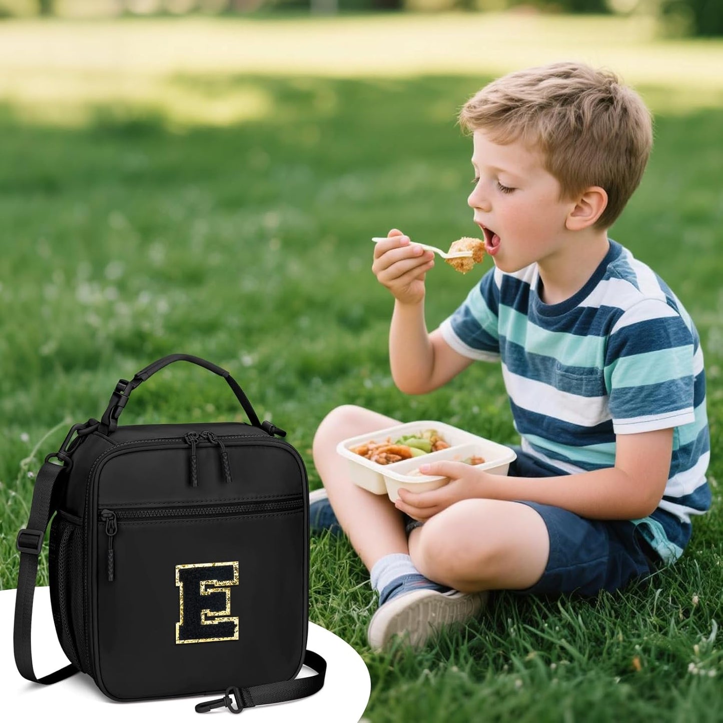 Initial Insulated Lunch Bag for Boys Kids, Back to School Gift, Reusable Leak-proof Lunch Box with Adjustable Strap for School Daycare Travel Picnic（Black，E）