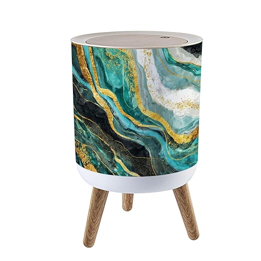 Trash Can with Lid Mural for Wall Frame Resin geode Abstract Art Functional Art Press Top Round Small Garbage Bin with Wooden Legs Waste Basket for Kitchen Bedroom Nursery 7L/1.8 Gallon