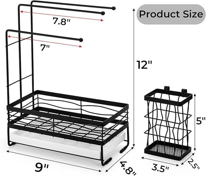 Tlence Kitchen Sink Caddy with 3 Dishcloth Drying Racks, Sponge Holder Rag Stand with Drain Pan, Metal Sink Storage Organizer with Removal Basket for Brush, Towel, Scrubber, Dish Rag, Black