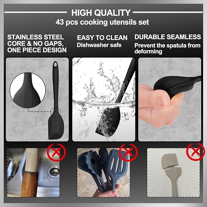 43 Pcs AIKKIL Kitchen Utensils Set, Heat Resistant Silicone Cooking Kitchen Utensils Set with Holder, Spoon, Spatula, Kitchen Gadgets Tools Set For Nonstick Cookware, Dishwasher(BPA Free, Black)