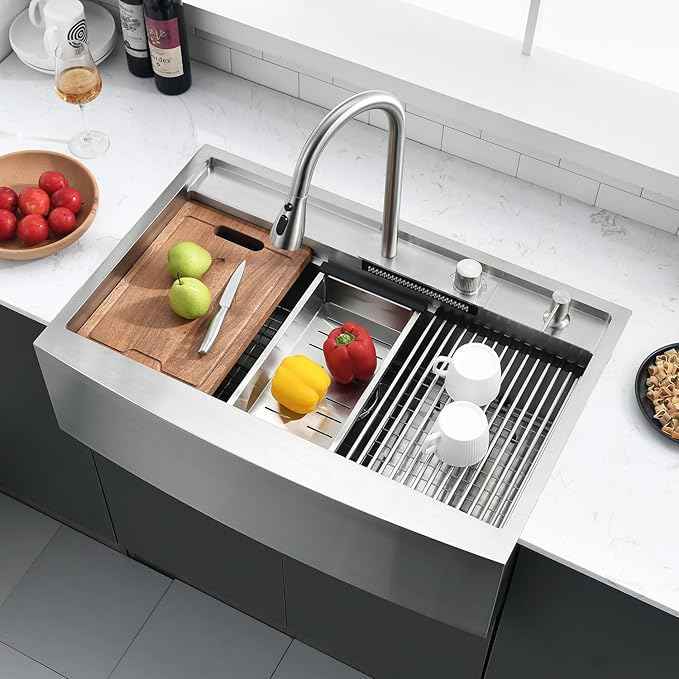 33 Inch Farmhouse Sink Splash Guard Waterfall Workstation - VOKIM 33x22 Inch Apron Front sink Single Bowl Stainless Steel 16 Gauge Farm Sink With Multifunctional Top Loading Flying Rain