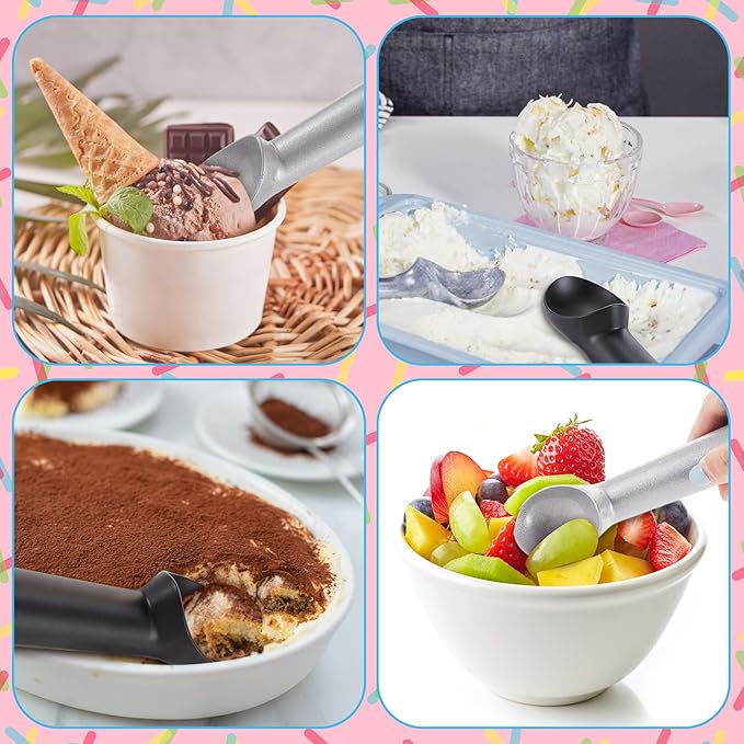 Gejoy 12 Pcs Ice Cream Scoops Bulk, 7 Inch Nonstick Anti Freeze Ice Cream Scooper Aluminum Design Dessert Spoon for Gelatos Frozen Yogurt Fruit Sundaes Sorbet Almond Cookie Dough(Black and Silver)