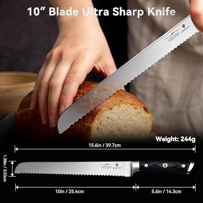 10" Bread Knife - Sourdough Slicing Knife Professional 5Cr15MoV Stainless Steel Serrated Knives, Ergonomic Wood Handle & Full Tang Design, Gift Box Included (Single-Edge