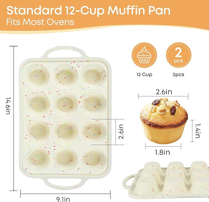 2-Pack 12-Cup Silicone Cupcake Pan, Nonstick Flexible Muffin Pan, Dishwasher Safe Muffin Tray with Handles, Seamless Silicone Muffin Tin for Baking Egg Bites & Cupcakes
