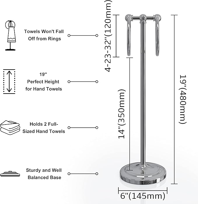 BGL Fingertip Towel Holder Stand Hand Towel Ring for Bathroom or Kitchen Vanity Countertops to Store Hand Towels Washcloths or dishcloths - 2 Hanging Rings?17" High-Chrome