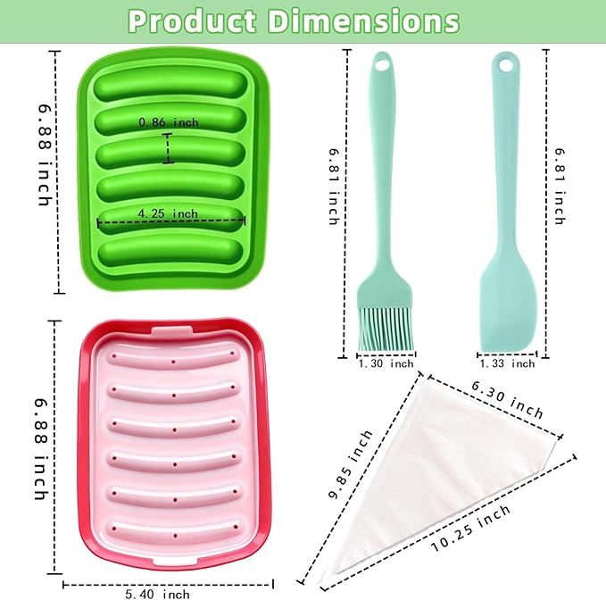 2 Pcs Silicone Sausage Mold with a Set of Silicone Brush Spatula and 25x Pastry Bags,Non-Stick Hot Dog Bun Pan,DIY Handmade Ham Sausage,Hot Dogs Baking Mold for Children's Food with Lid(Red,Green)
