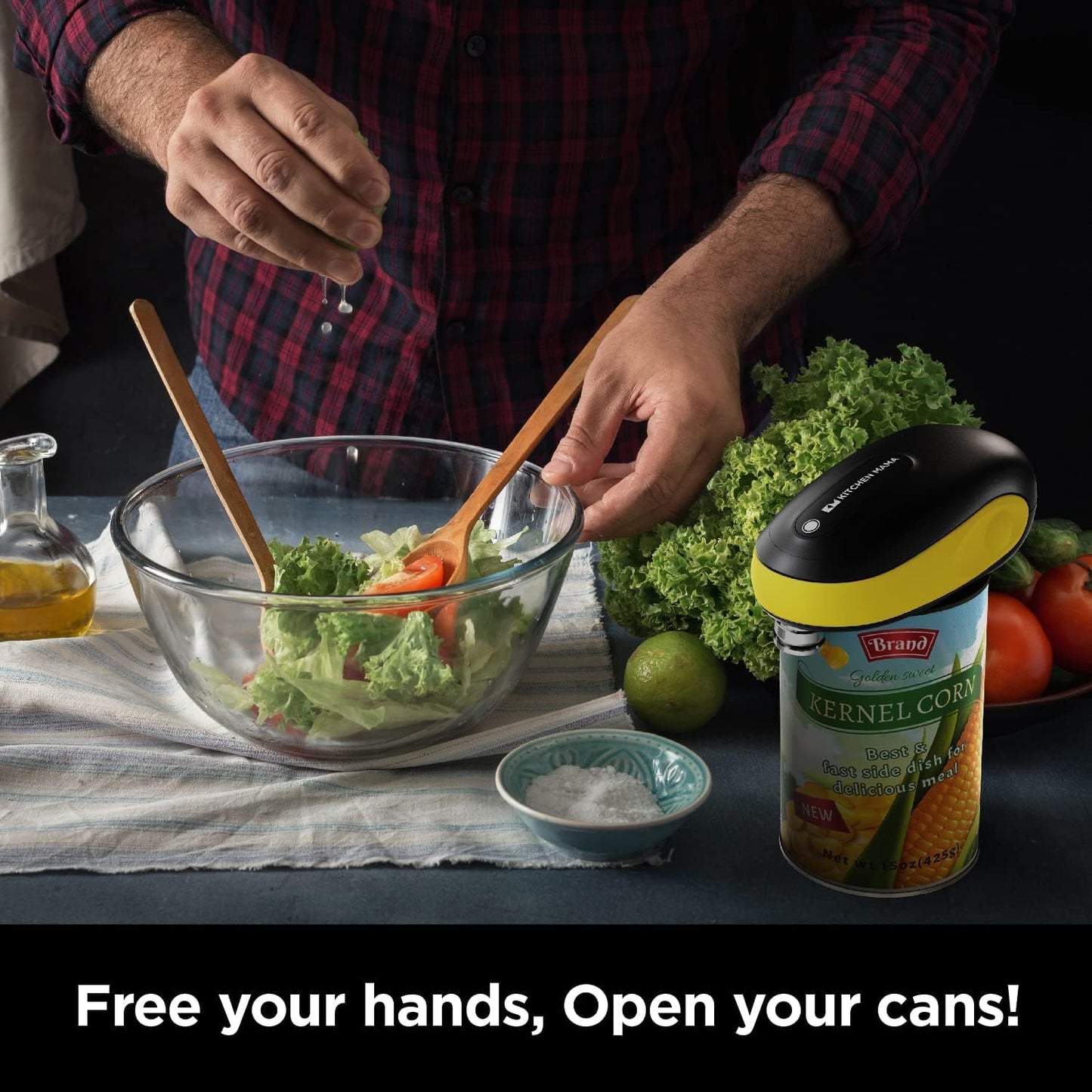 Kitchen Mama One-To-Go Electric Can Opener: One Touch, Auto Stop, Smooth Edge, Lid Lift, Safety, Automatic, Magnetic, Cordless, Battery Operated, Kitchen Appliance for Senior with Arthritis (Yellow)