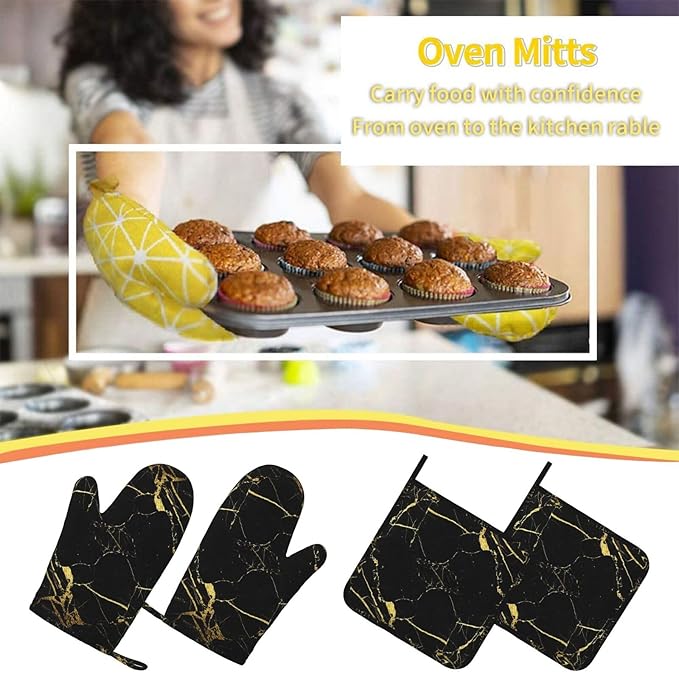 Marble Gold Black Oven Mitts and Pot Holders Sets of 4, Heat Resistant Silicone Oven Mittens and Potholders Gloves Hot Pads for Kitchen Cooking Baking Grilling BBQ Chef