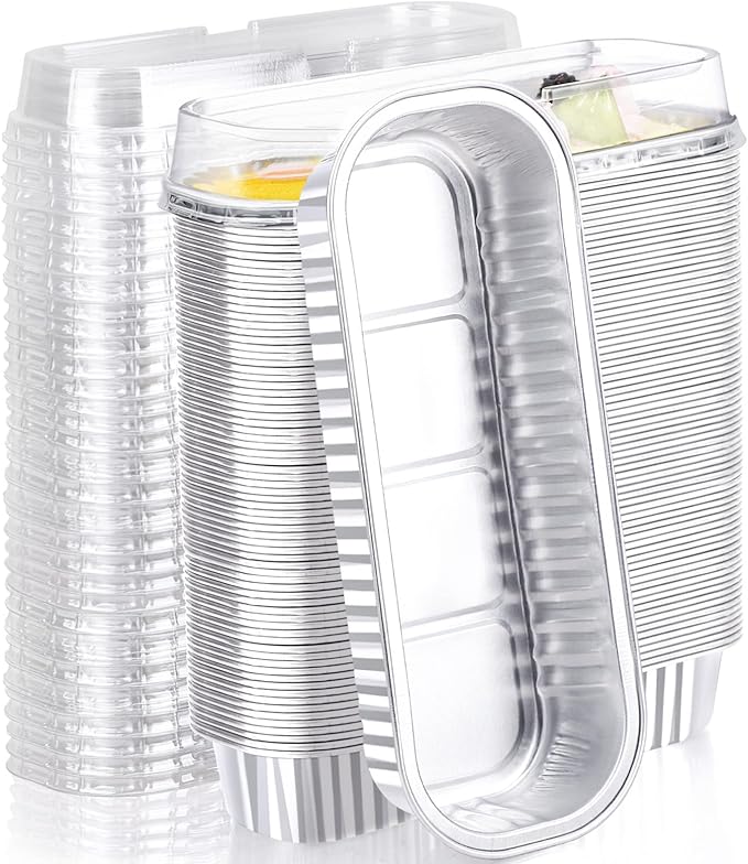 EUSOAR Mini Loaf Pans with Lids, 100pcs 6.8oz 6.5"x2.5"x1.2" Silver Disposable Ramekins Foil Dessert Baking Cups Pan Tin, Cupcake Containers Cheesecake Creme Brulee for Party Wedding