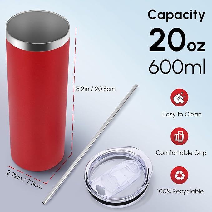 Volhoply 8 Pack Skinny Tumblers with Lid and Straw, 20oz Stainless Steel Straight Tumbler Bulk, Vacuum Insulated Coffee Mug for Home, Office, Travel, DIY (Red,8 Pack)