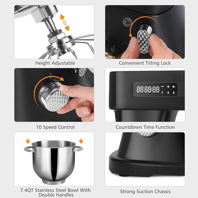 ZACME 7.4QT Household Stand Mixer 800W with Aluminum Die Casting Mixers Kitchen Electric Stand Mixer Metal Dough Mixer with Stainless Steel 7L Bowl, Dough Hook, Whisk and Beater, Black