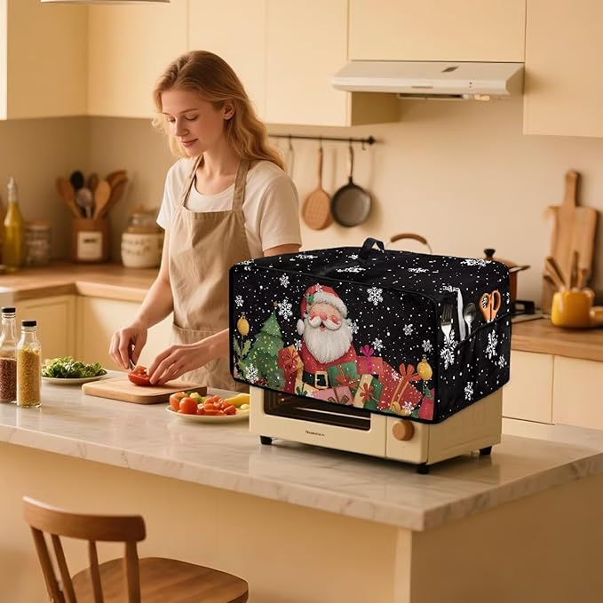 Toaster Oven Cover Dust-Proof Countertop Convection Oven Cover Protective Smart Microwave Oven Accessories and Decor, S, Santa Claus Snowflake Black Christmas Decor