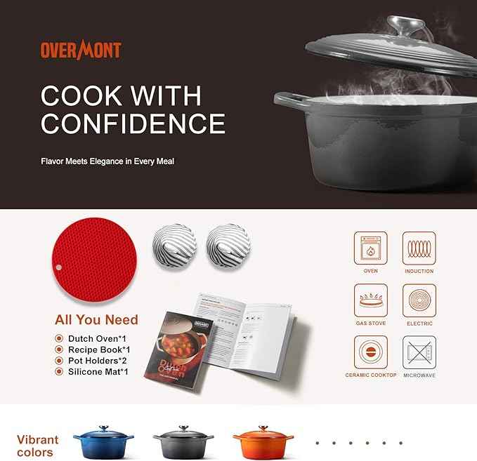 Overmont Refined Enameled Cast Iron Dutch Oven - 5.5QT Pot with Wide Handles Lid Cookbook & Cotton Potholders - Heavy-Duty Pre-Seasoned Cookware Oven Safe to 500°F for Braising, Stews, Roasting, Bread Baking