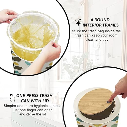 Trash Can with Lid Midcentury geometric retro Vintage brown mustard yellow teal colors Press Top Round Small Garbage Bin with Wooden Legs Waste Basket for Kitchen Bedroom Nursery 7L/1.8 Gallon