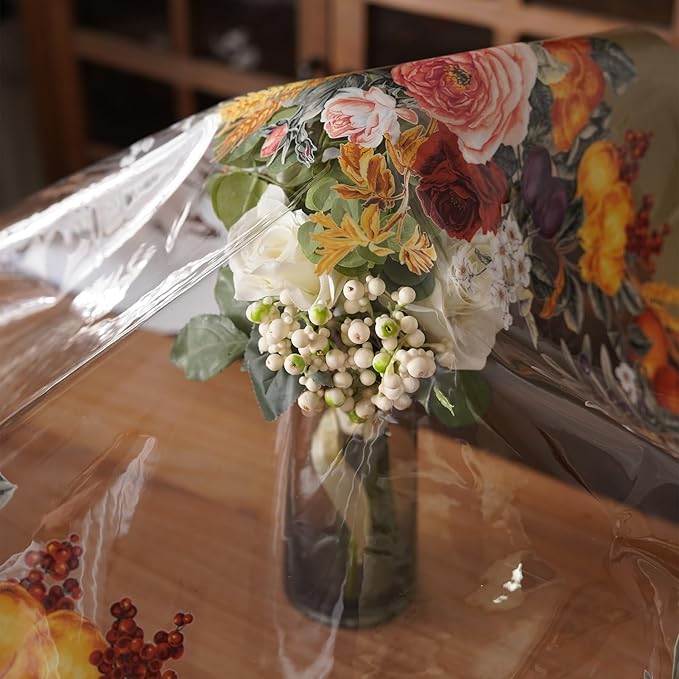 Clear Table Cover Protector Vinyl PVC Rectangle Table Cloth Oil Spill Proof Plastic Tablecloths for Dining Tables Parties Holidays (Floral Fruit, 60 x 84 Inches)