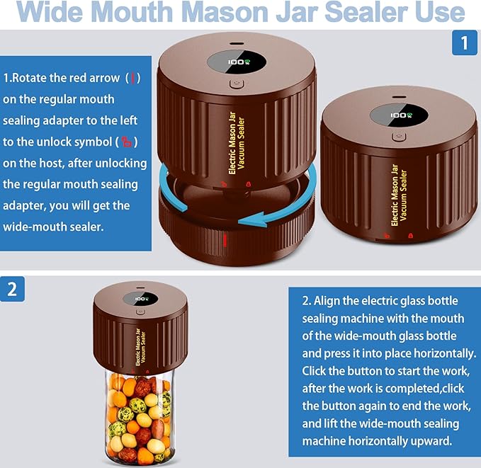 LOVE MOMENT Electric Mason Jar Vacuum Sealer Kit for Wide Mouth and Regular Mouth Mason Jar - Brown