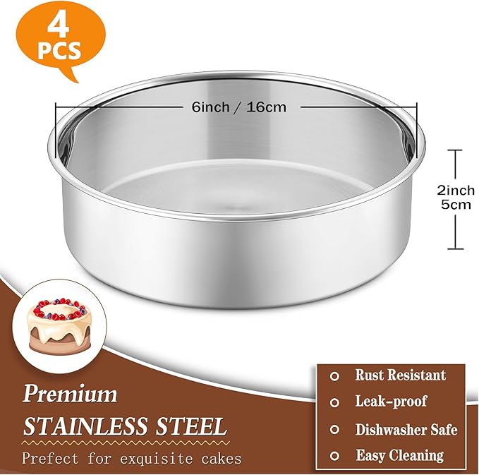 P&P CHEF Cake Pan Set of 4, Stainless Steel Baking Round Cake Pans Tins Bakeware for Birthday Wedding, Leak-proof & Easy Clean, Mirror Finish & Easy Releasing, 6 Inch