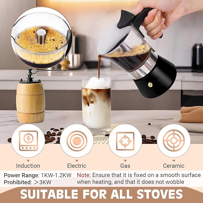 Induction Moka Pot, 4 Cups (7.1 oz) Crystal Glass-Top & Stainless Steel Moka Pot, Classic Stovetop Espresso Maker, Black