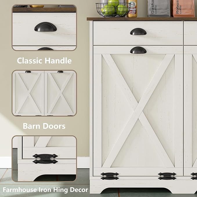 Furniouse Farmhouse Trash Can Cabinet, Double Tilt Out Trash Bin Cabinet with Barn Doors & Hideaway Drawers for Kitchen, Antique White