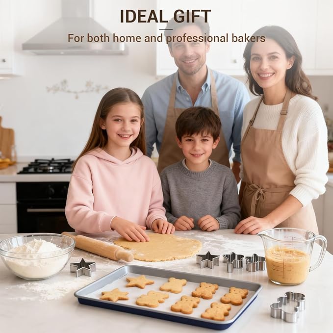 Ammeloo 22-Piece Baking Pans Set Stackable Bakeware Non Stick Baking Set Non Toxic Oven Pans, Including Roasting Pan, Cookie Sheets, Muffin Pans, Cake Pans, Oven Mitts and Utensils(Gray & Navy Blue)