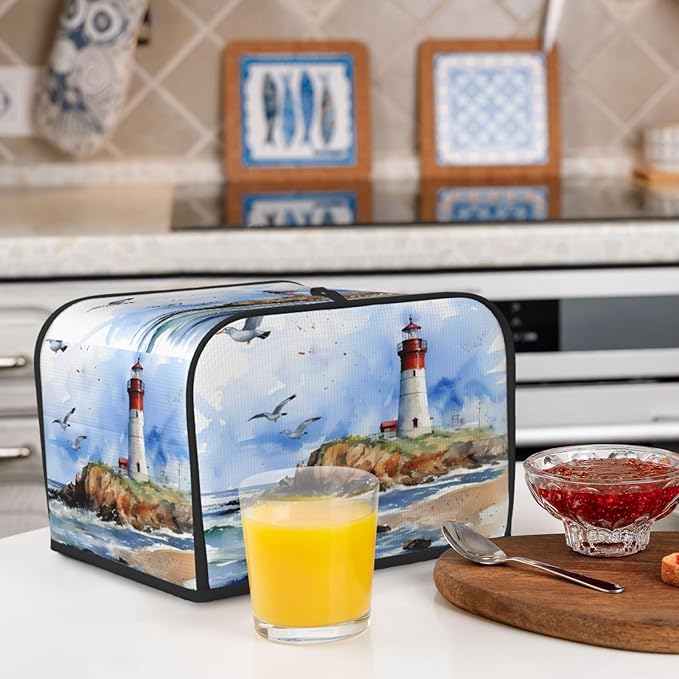 Toaster Cover 4 Slice Sea Beach Lighthouse Waterproof Appliance Cover with Hang Loop Bread Baker Toaster Cover for Kitchen