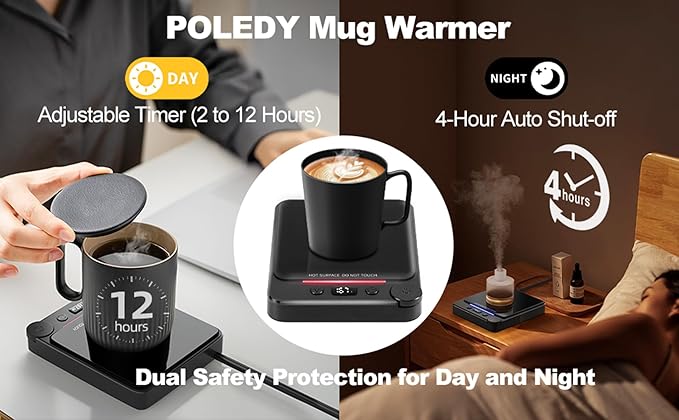 Fast Heating Coffee Mug Warmer,POLEDY Auto Shut Off Cup Warmer, Electric Beverage Warmer for Tea, Milk, Cocoa with 2-12H Timer, 3-Temp Settings Candle Warmer Plate, Black Smart Candle Melter