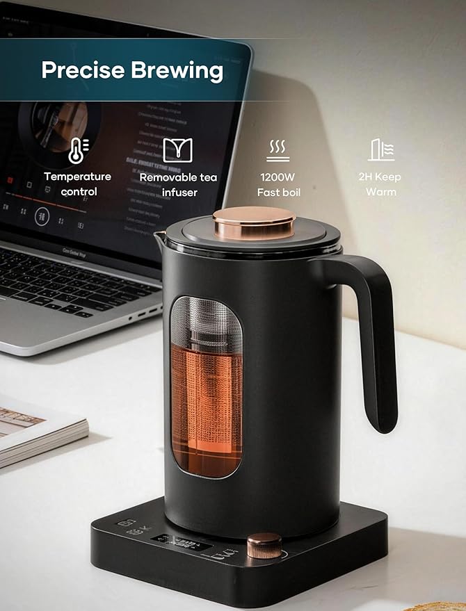 INTASTING Electric Tea Kettle, Electric Kettle with Tea Infuser, ±1℉ Knob Temperature Control, BPA-Free Glass, 1200W Fast Heating, Easy to Clean, 1 Liter (Dark Gray)