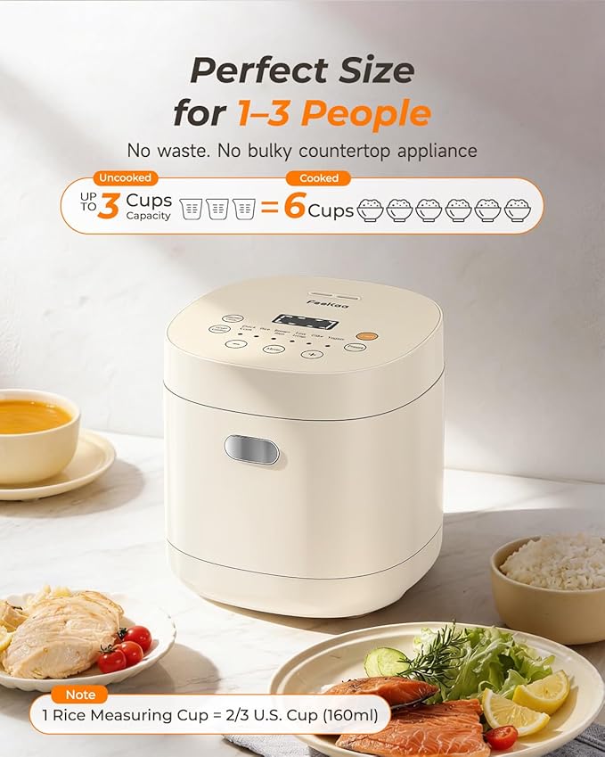 Feekaa Rice Cooker Small, 3-Cup Uncooked / 6-Cup Cooked, Compact Mini Rice Cooker Small Kitchen with Ceramic Coated Inner Pot, Rice Maker with 6 Menu Options, Low Temperature Cooking, 12H Delay Timer